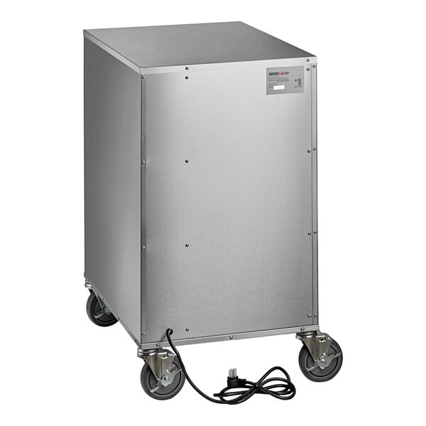 A stainless steel mobile triple narrow freestanding drawer warmer on casters with an attached power cord.