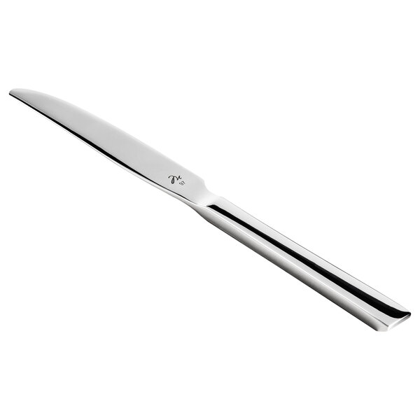 A silver knife with a stainless steel handle.