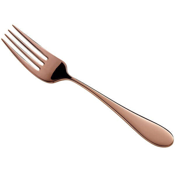 A close-up of a Reserve by Libbey Santa Cruz copper salad fork with a rose gold handle.