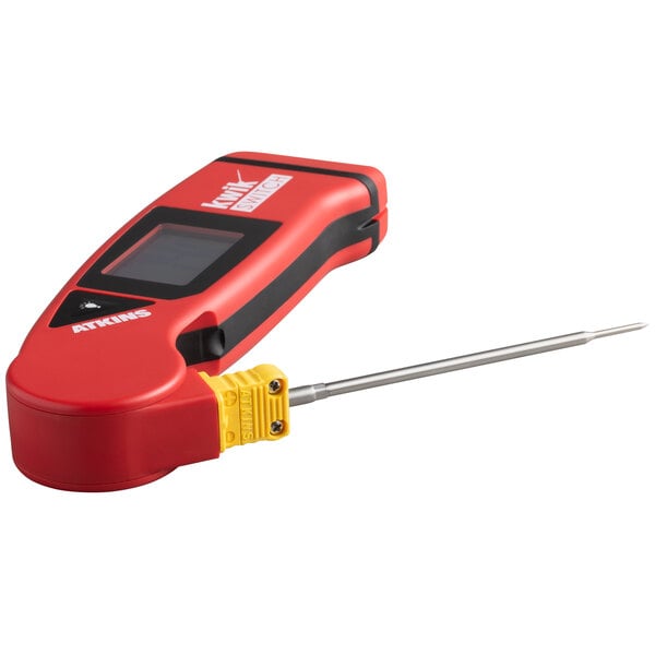 A red and black Cooper-Atkins KwikSwitch thermometer with a long needle.