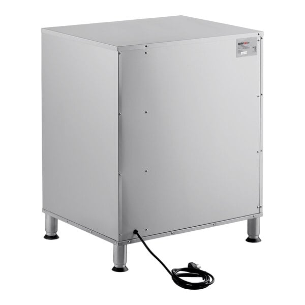 A stainless steel triple freestanding drawer warmer with an electrical cord.