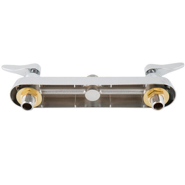 A silver T&S deck mounted faucet base with two brass fittings.