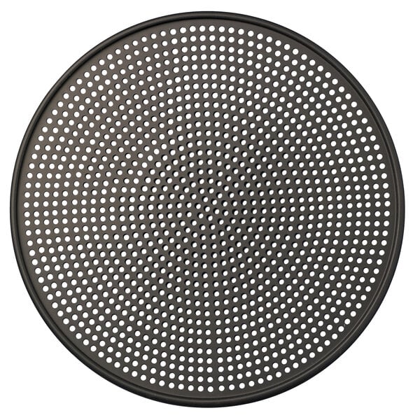 An American Metalcraft hard coat anodized aluminum round metal plate with holes.