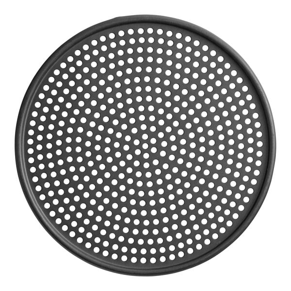 An American Metalcraft hard coat anodized aluminum round pizza screen with holes.