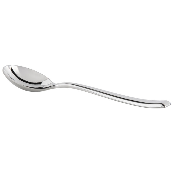 A silver Reserve by Libbey Santorini Mirror bouillon spoon with a handle.
