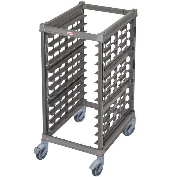 A grey plastic rack with wheels.