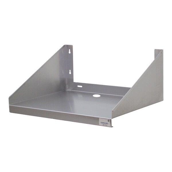 A stainless steel microwave shelf with side supports and wall-mounting holes.