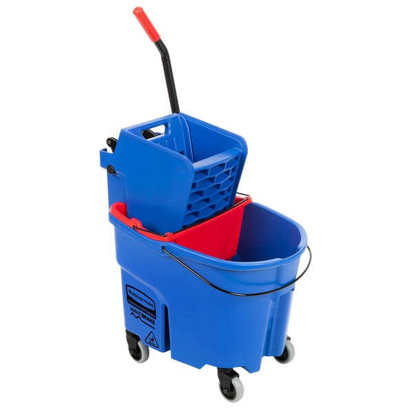 A blue Rubbermaid mop bucket with a red wringer and handle.