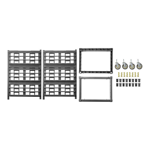 A rectangular metal frame for Cambro sheet pans with metal shelves.