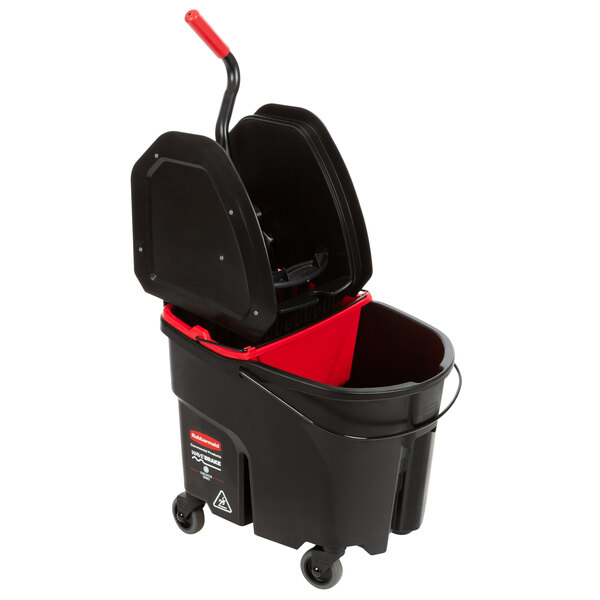 A Rubbermaid black and red mop bucket with a handle and red dirty water bucket.