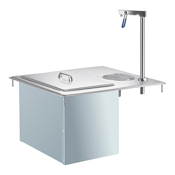 A stainless steel Delfield water station with a rectangular ice storage bin and a faucet and tap.