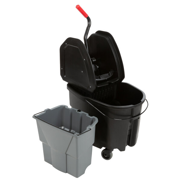 A black Rubbermaid mop bucket with a handle and a gray Rubbermaid dirty water bucket.