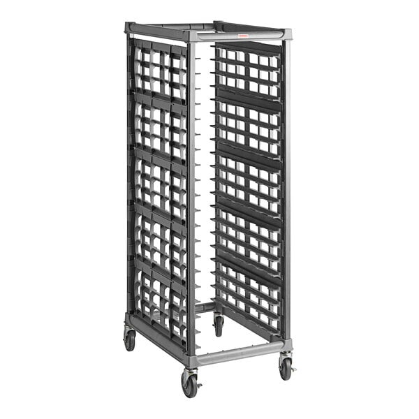 A Cambro metal sheet pan rack with metal casters.