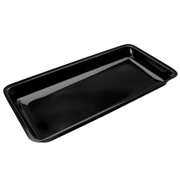 a black rectangular tray with a white background