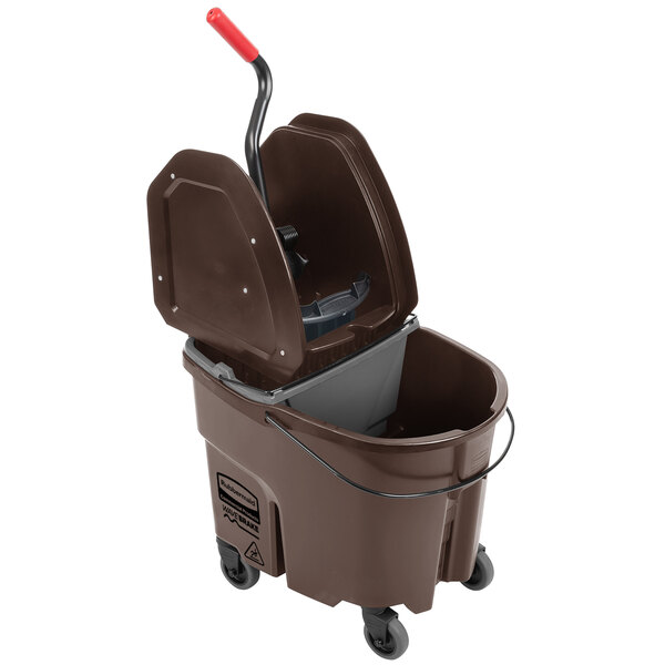 A Rubbermaid brown mop bucket with a handle.