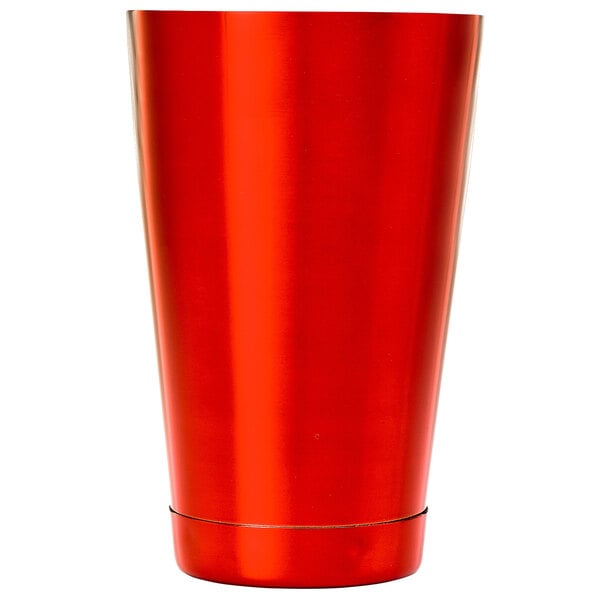 A red metal half size cocktail shaker tin.