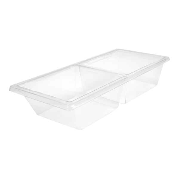 Delfin from Steelite International DFBFB277D204 27" x 7" x 5" Clear Two Compartment PETG Rectangular Food Bin Insert