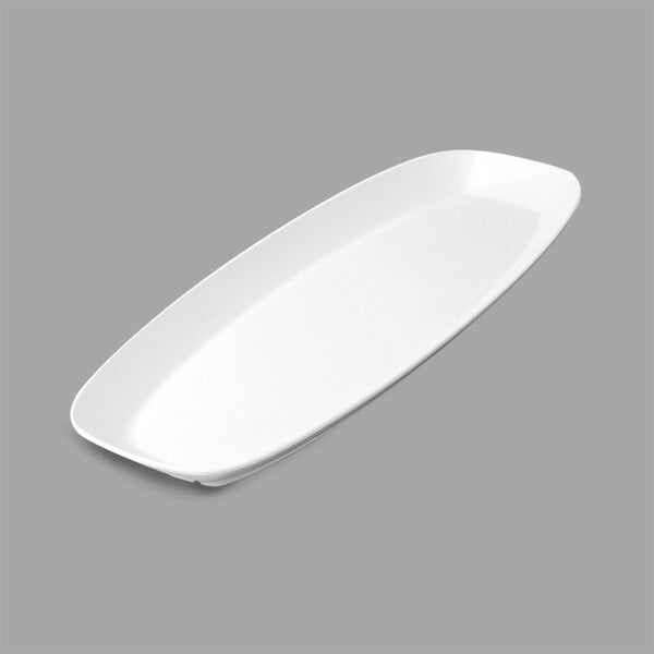 A white oval shaped Delfin melamine platter.