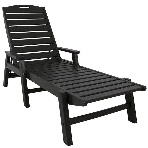 A black POLYWOOD chaise lounge chair with wooden arms and slats.