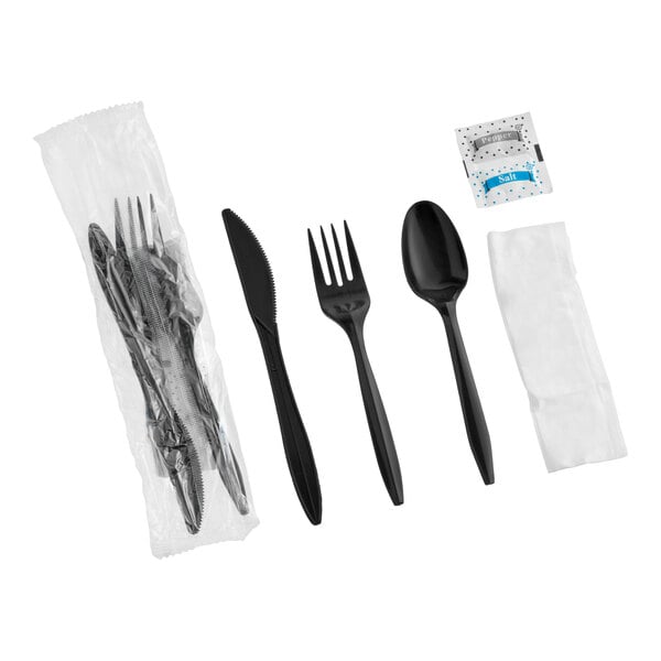 Choice Medium Weight Black Wrapped Polypropylene Plastic Cutlery Set with Napkin and Salt and Pepper Packets - 250/Case