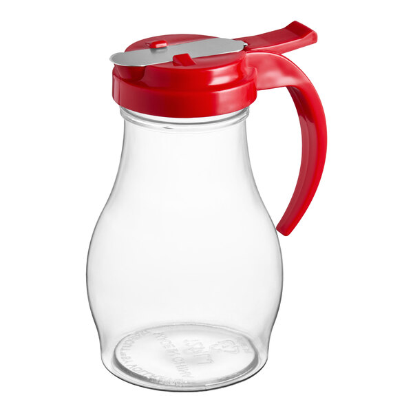Vollrath 1414-02 Dripcut® 16 oz. Clear Polycarbonate Teardrop Syrup Server with Red Top