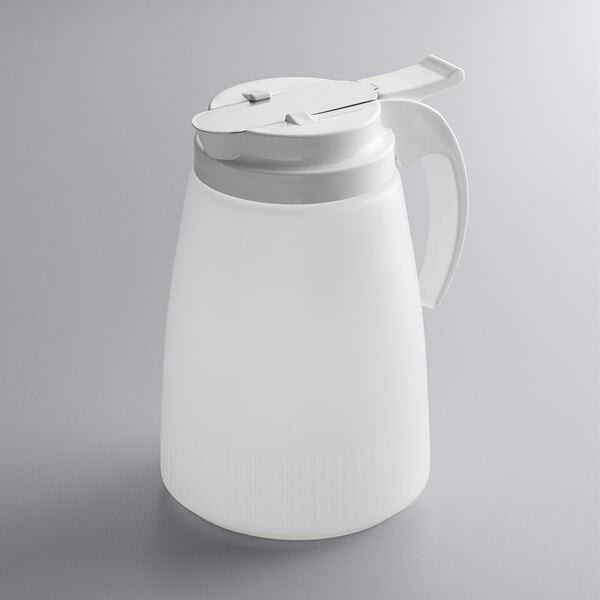 A white polyethylene syrup server with a white lid.