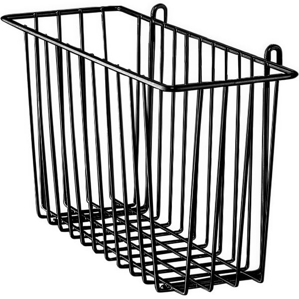 A black Metro storage basket for wire shelving.