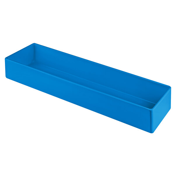 A Tablecraft sky blue rectangular cast aluminum bowl.