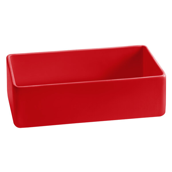 A red rectangular Tablecraft bowl.