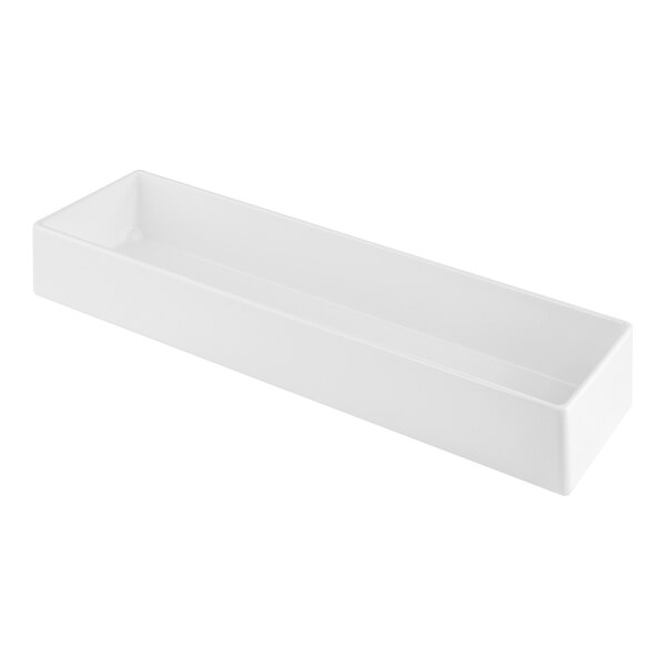 A rectangular white cast aluminum bowl with straight sides and a depth of 3 inches.