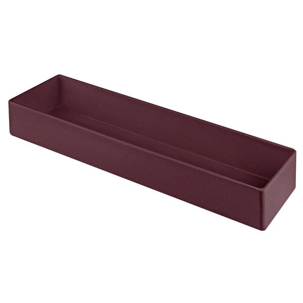 A rectangular maroon speckled cast aluminum bowl.