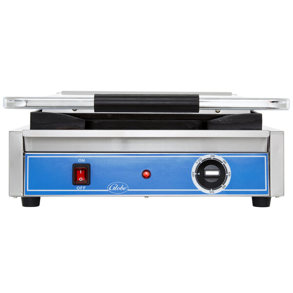 A Globe commercial Panini grill with blue and black accents.