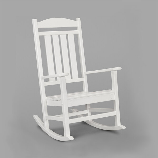 A white POLYWOOD Presidential rocking chair.