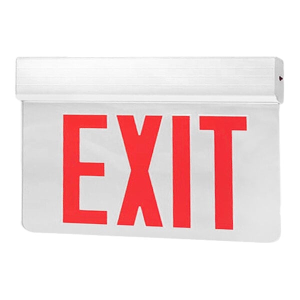 A white exit sign with red lettering.