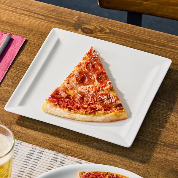 A square ivory porcelain flat plate with a slice of pepperoni pizza on it.