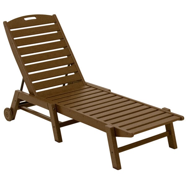 A brown wooden POLYWOOD Nautical chaise lounge chair with wheels.