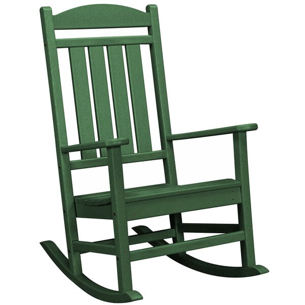 A green POLYWOOD Presidential rocking chair.