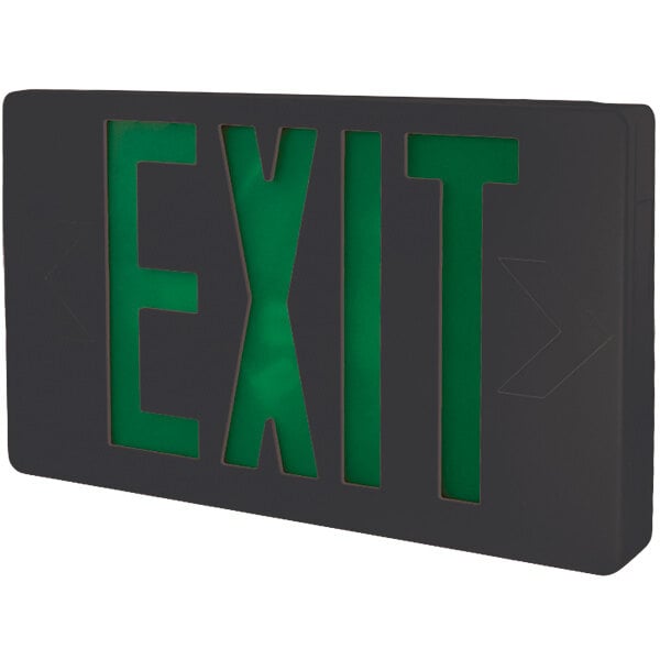 A black exit sign with green lettering.