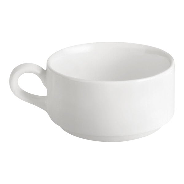 A plain ivory porcelain stackable cup with a handle.