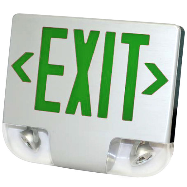 A white exit sign with green lettering and a green stripe.