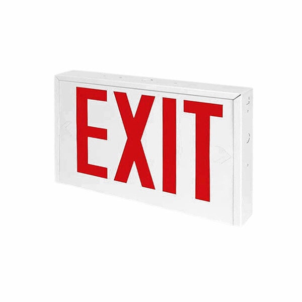 A white rectangular sign with red letters.