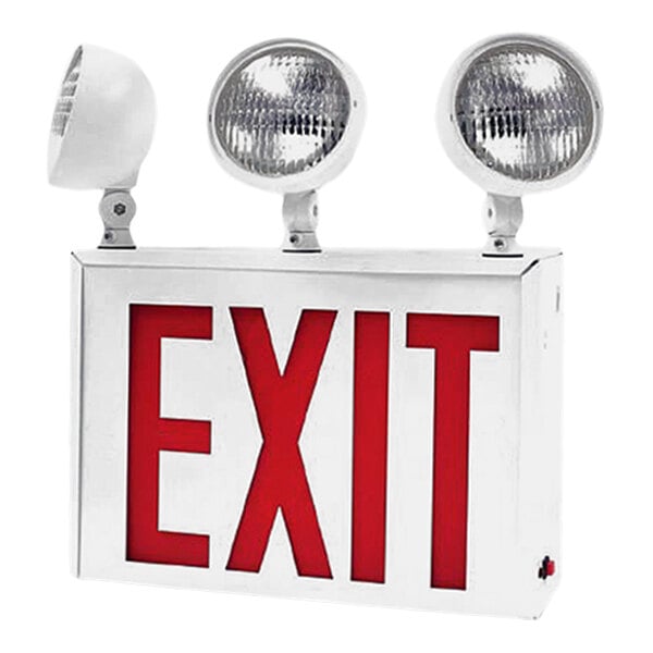 A white CLS exit sign with red lettering and two lights.