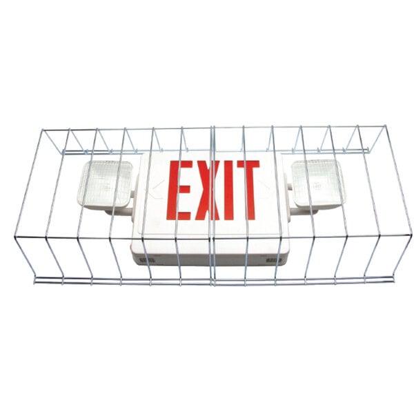 A white box with red text inside a metal cage with a white square object with a metal bar behind it.