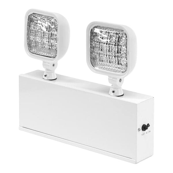 A white rectangular CLS dual head emergency light with two white lights.