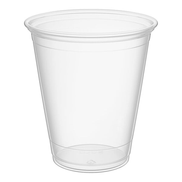 A clear 12 oz. plastic squat cold cup.