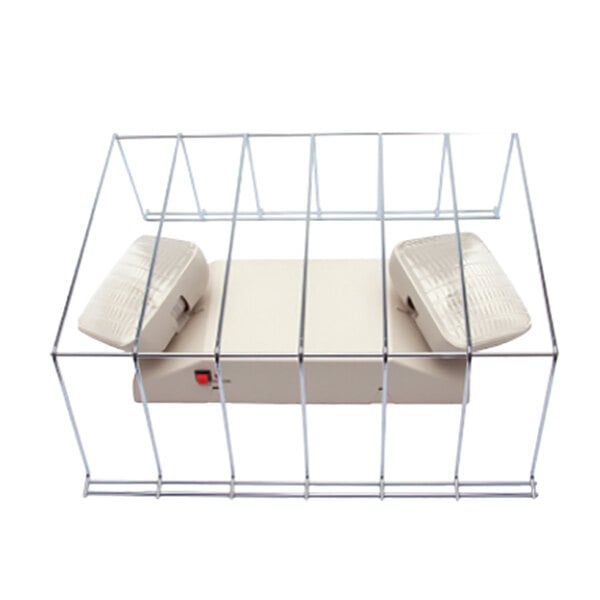 A white metal cage for exit signs and emergency lights.