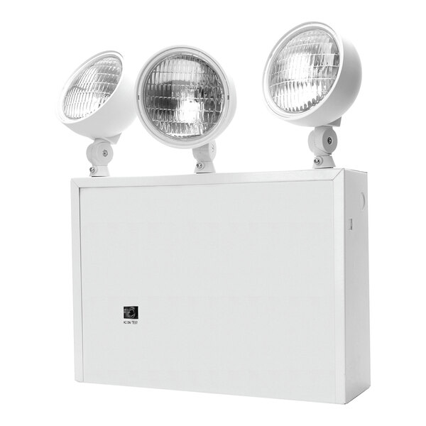 A white box with three white steel New York City approved heavy-duty emergency lights.