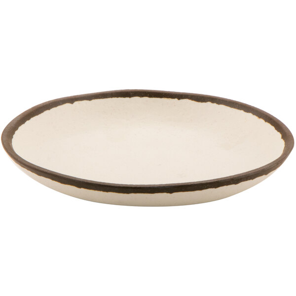 A matte cream melamine bowl with a brown rim.
