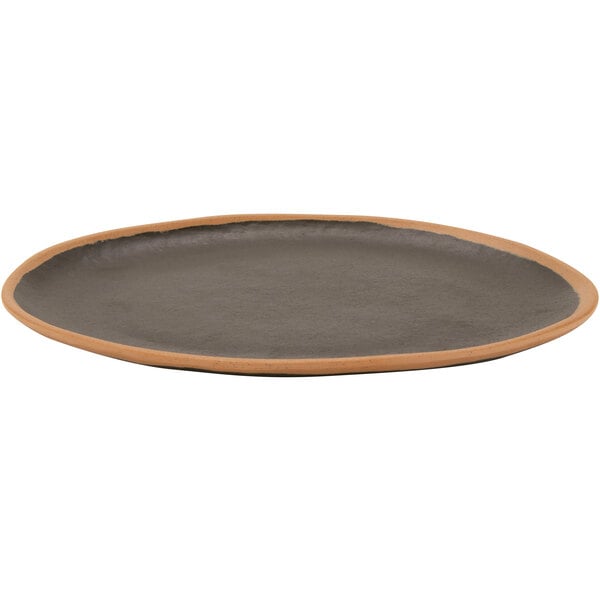 A black and brown GET Pottery Market melamine plate with a brown rim.