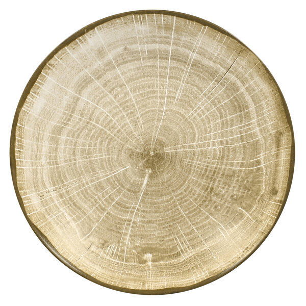 A close up of a RAK Porcelain Moss Green Woodart deep coupe plate with a wood design.